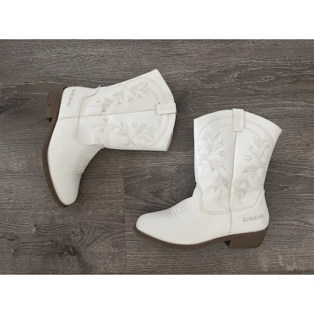 Bebe Girls White Floral Embroidered Western Cowboy Boots Coastal Girl Boho Festi